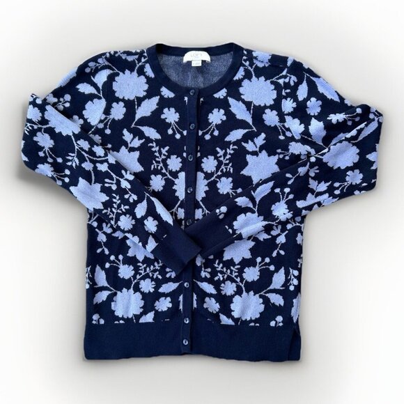 Loft Outlet Cardigan Crew Neck Sweater Womens Size Small Navy Knit Floral Cotton - Picture 1 of 7